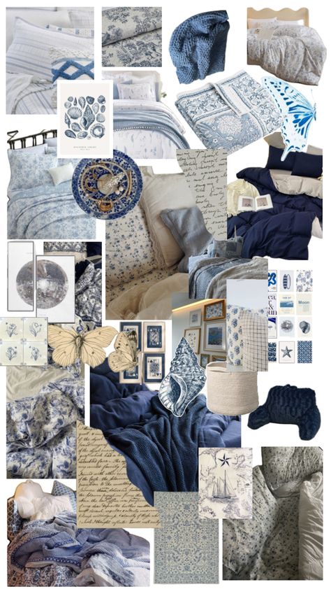 Uni Room Ideas Uk Blue, Navy And White Coastal Bedroom, White And Royal Blue Bedroom, Coquette Room Aesthetic Blue, Purple And Blue Dorm Room Ideas, Navy Bedding Aesthetic, Indigo Room Aesthetic, Blue And White Themed Room, Navy Blue Aesthetic Bedroom