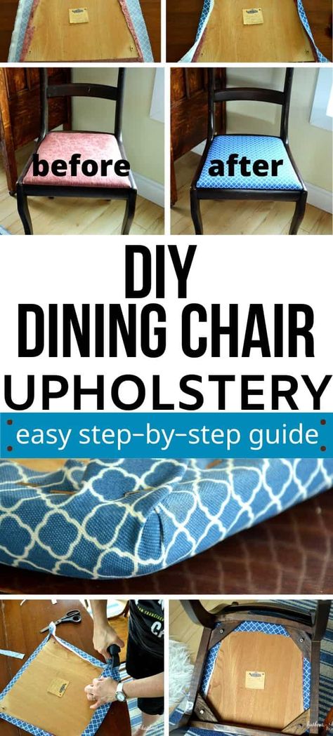 Update the worn fabric of your dining room chairs, or transform a thrift store find with this easy DIY upholstery project. The step by step guide will show you it's quick and easy! #diy #diyhomedecor Recover Chairs, Upholstering Chairs, Dining Room Chairs Diy, Chair Upcycle, Diy Chair Cushions, Upholstered Chairs Diy, Recovering Chairs, Reupholster Chair Dining, Dining Chair Seat Covers