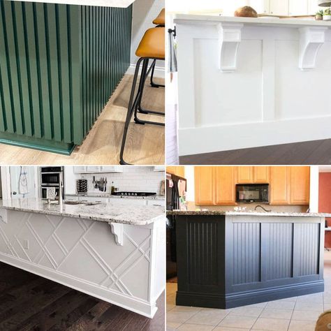 Island Trim Ideas, Kitchen Island Molding, Beadboard Kitchen Island, Kitchen Island Panels, Cheap Kitchen Islands, Kitchen Island Trim, Budget Friendly Kitchen Remodel, Kitchen Island Base, Diy Island