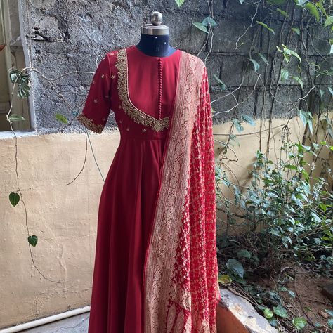 Hand embroidered Anarkali with banarasi handloom  dupatta / anarkali suit set / anarkali dupatta USA  / Indian dresses/ voggish USA Yellow Suit With Red Dupatta, Red Anarkali Suits Long Sleeve, Bandhej Dupatta Suits, Crepe Anarkali Suits, Handwork Anarkali Suits, Full Gher Anarkali Dress, Suit Neckline Designs, Banarasi Dupatta Suits Party Wear, Red Anarkali Suits Designer