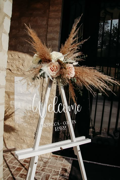 Pampas And Greenery Wedding, Pampas And Eucalyptus Wedding, Pampas Grass Centerpiece Wedding, Pampas Grass Bridal Shower Ideas, Eucalyptus And Pampas Grass Wedding, Mirror Welcome Sign Wedding Boho, Pampas Grass Wedding Centerpieces, Boho Chic Welcome Sign, Pampas Welcome Sign