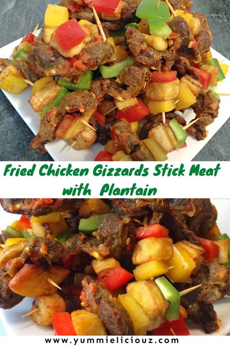 How to make fried chicken gizzards with plantain on a stick. Nigerian gizdodo stick meat. Nigerian Gizdodo, Chicken Lunch Recipes, Pan Chicken Recipes, Chicken Gizzards, Plantain Recipes, Making Fried Chicken, Nigerian Recipes, Whole Roasted Chicken, Food Tech