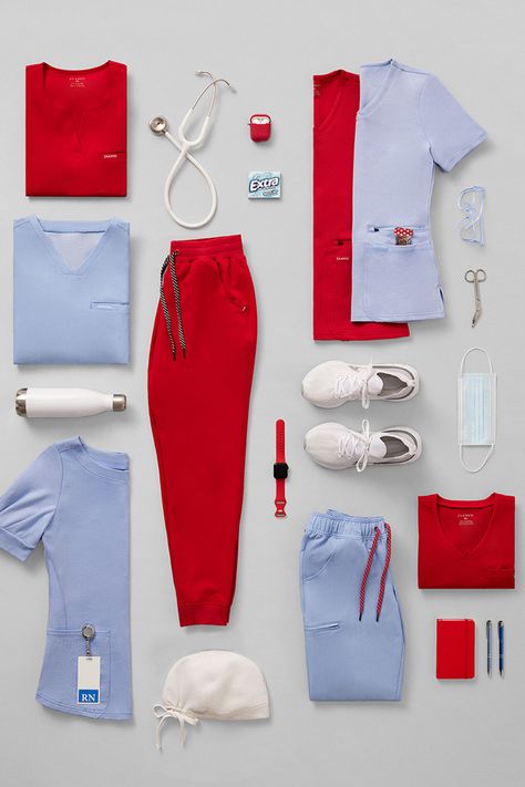 Scrub Fashion, Nurse Clothes, Cute Scrubs Outfits Fashion, Stylish Scrubs For Women, Red Scrubs Outfit, Scrubs Uniform Cute Fashion Styles, Scrubs Outfit Ideas, Styling Scrubs, How To Style Scrubs