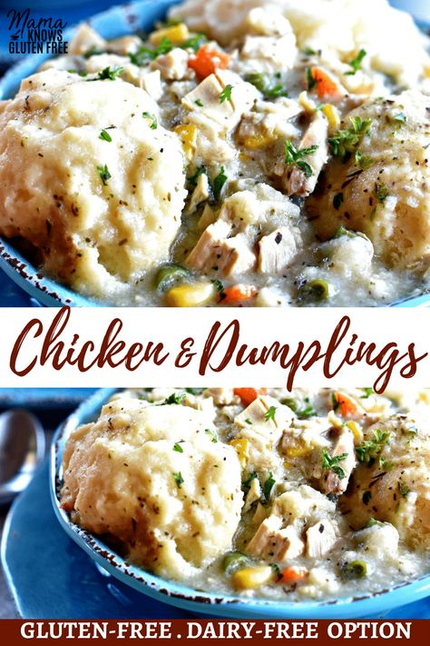 Easy gluten-free chicken and dumplings with a dairy-free option. Gluten-Free chicken and dumplings is a super easy one-pot dinner to make. It's delicious and filling meal that can be on your table in less than 40 minutes. A classic southern comfort food recipe your whole family is sure to enjoy! Recipe from www.mamaknowsglutenfree.com #glutenfree #dairyfree #opnepotmeal #easyrecpie #dinnerrecipe #chickensoup #glutenfreedinner #chickenandumplings Chicken And Dumplings Gluten Free, Dairy Free Soup Recipe, Gluten Free Dumplings, Chicken And Dumplings Recipe, Dairy Free Recipes Dinner, Dairy Free Soup, Keto Kitchen, Gluten Free Main Dishes, Dairy Free Dinner