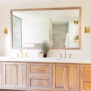 Brushed Oak Dual Washstand with Gray Quatrefoil Tiles - Transitional - Bathroom Oak Vanity Gold Hardware, White Oak Bathroom Vanity Gold Hardware, Brushed Gold Bathroom Hardware, Bathroom Vanity Gold Hardware, Bathroom Vanity With Gold Hardware, Full Length Mirror Design, Spool Furniture, Half Bath Remodel, Polished Nickel Faucet