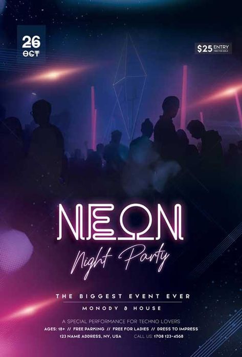 Neon Night Party, Party Design Poster, Music Neon, Promo Flyer, Club Events, Free Psd Flyer Templates, Free Psd Flyer, Corporate Office Design, Club Dance