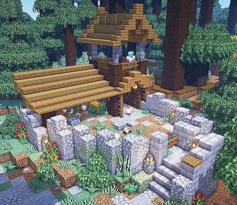 Animal Shed Minecraft, Minecraft Cottage Core Animal Pen, Minecraft Panda Habitat Ideas, Forest Apothecary Minecraft, Minecraft Animal Pens Cottagecore, Minecraft Animal Builds, Minecraft Medieval Animal Farm, Minecraft Medieval Animal Pen, Minecraft Animal Pens