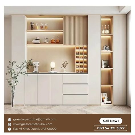 This Wall Cupboard combines sleek white base storage with a vertical wooden panel on the left and open shelving on the right, perfect for display items. The minimalist design is enhanced by a Wall Cupboard, elegant recessed lighting, and a potted plant for a fresh look. Pantry And Crockery Unit, Kitchen Cabinet Shelf Decor, Big Crockery Unit Design, Crockery Cabinet Design Modern, Crockery Units Modern, Crockery Unit Ideas, Dining Room Built In Cabinets, Crockery Unit Design Dining Rooms, Crockery Cabinet Design