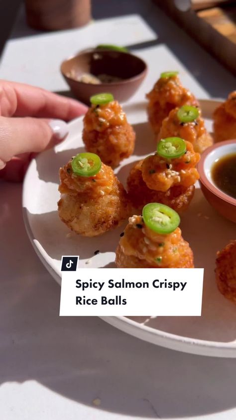 Nadia Aidi on TikTok Spicy Salmon Crispy Rice, Salmon Crispy Rice, Sushi Grade Salmon, Calrose Rice, Salmon Crispy, Japanese Mayo, White Miso Paste, Miso Paste, Superbowl Appetizers