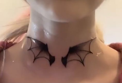 Bat Wing Tattoo On Neck, Tatoos Shoulders, Vampire Wings Tattoo, Bat Wings Neck Tattoo, Bat Wing Neck Tattoo, Bat Throat Tattoo, Bat Wing Tattoo, Bat Wings Tattoo, Vampire Tattoo Designs