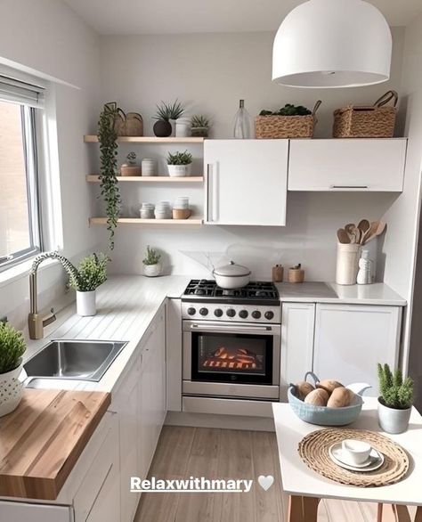 Relaxwithmary Simple Kitchen Apartment, Cute Minimalist Kitchen, Cocinas Aesthetic, Studio Kitchen Ideas Small, Tiny House Kitchen Layout, Classy Rooms, Interior Design Layout, Interior Design Kitchen Small, Small Kitchen Layouts