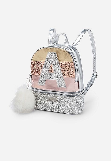 Glitter Stripe Initial Backpack | Justice Mommy Baby Matching Outfits, Justice Bags, Justice Backpacks, Pompom Keychain, Justice Accessories, Glitter Backpack, Cute Luggage, Cute Mini Backpacks, Latest Bags