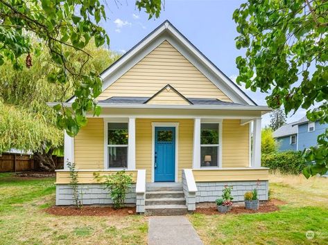 Little Yellow House, Tiny Cottage Exterior, Cottage Exterior Colors, Cottage Exterior, Yellow House, Tiny Cottage, Yellow Houses, Red And Yellow, Exterior Colors