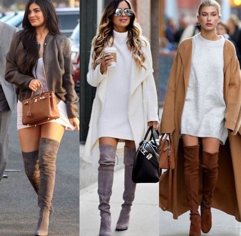 Grey Over The Knee Boot Outfit, Tall Boots With Jeans, Outfits With Thigh High Boots, Dresses With Thigh High Boots, Beige Boots Outfit, Suede Boots Outfit, Thicker Thighs, Thigh High Boots Outfit, Over The Knee Boot Outfit