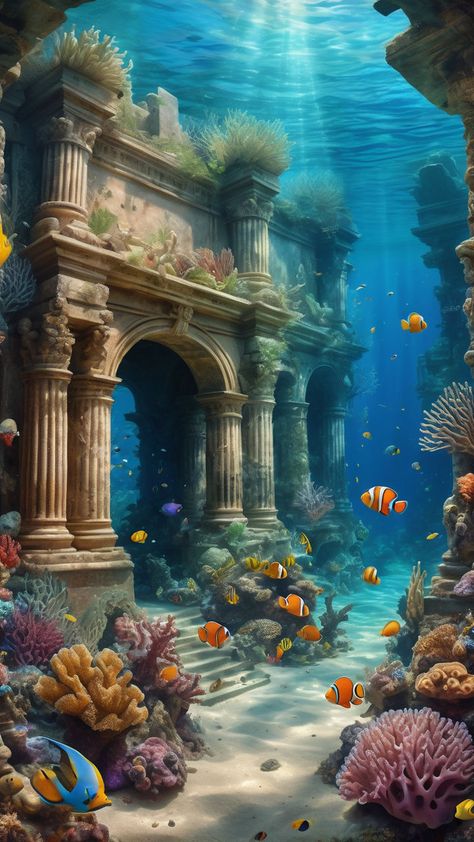 Ruins of ancient civilization in underwater - AI creation Underwater Kingdom, Underwater Ruins, Coaster Ideas, Planet Coaster, Ancient Civilization, Hotel Decor, Underwater World, Ancient Civilizations, Planets