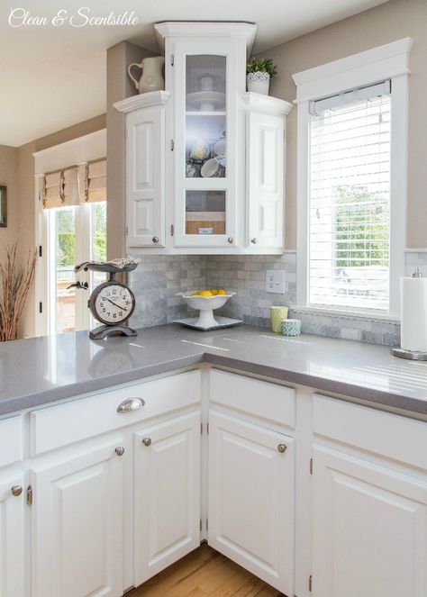 White Kitchen Reveal {Home Tour} - Clean and Scentsible White Kitchen Counters, White Kitchen Makeover, White Cabinets White Countertops, Kitchen Gray, Kitchen Grey, Kitchen Granite, Gray Granite, Corner Kitchen Cabinet, Grey Quartz