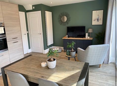 Subtly green wall colour from Wickes seen on instagram Green Painted Lounge, Dulux Forest Shade Living Room, Sage Green Living Room Dado Rail, Highland Green Dulux Paint, Dulux Heritage Mallard Green, Light Gray Carpet, Grey Carpet Bedroom, Green Wall Color, Grey Carpet