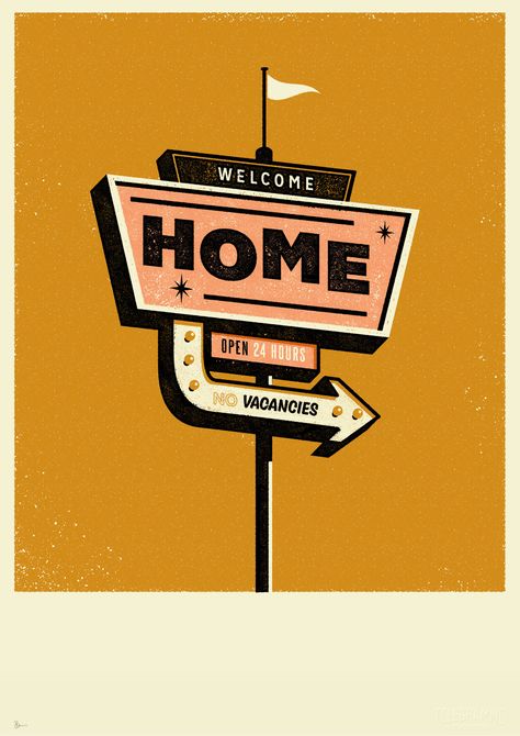 We've always been inspired by mid century design, especially Americana, and on holiday we've been known to spend more time taking photos of signposts and buildings than each other!Our road sign prints are inspired by the wonderfully timeless design of t… Retro Signage, Retro Graphic Design, Tableau Pop Art, Vintage Neon Signs, Retro Sign, Road Sign, Signage Design, Giclée Print, Mellow Yellow