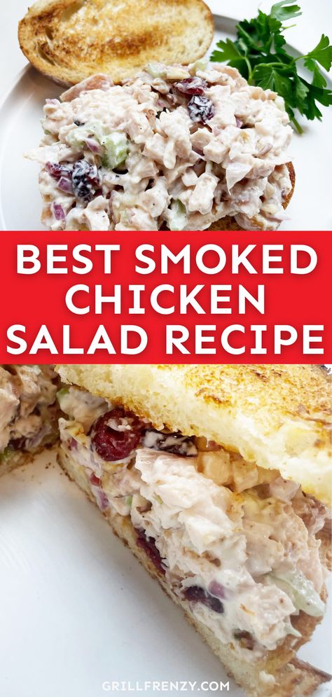 This homemade, smoked chicken salad is to die for! We're combining juicy, smoky chicken with fresh, crisp veggies and creamy mayo that will make this smoker recipe your new go-to lunch favorite. You can serve this smoked chicken salad on its own or make a delicious chicken salad sandwich. | salad with smoked chicken | best smoked chicken salad recipe | smoked chicken salad sandwich recipe | smoked chicken salad recipe easy | smoked chicken salad sandwich | smoked chicken salad recipe Smoked Chicken Breast Recipe, Smoked Chicken Salad, Deli Style Sandwiches, Smoked Chicken Recipes, Chicken Salad Sandwich Recipe, Most Delicious Food, Delicious Chicken Salad, Chicken Salad Recipe Easy, American Recipes