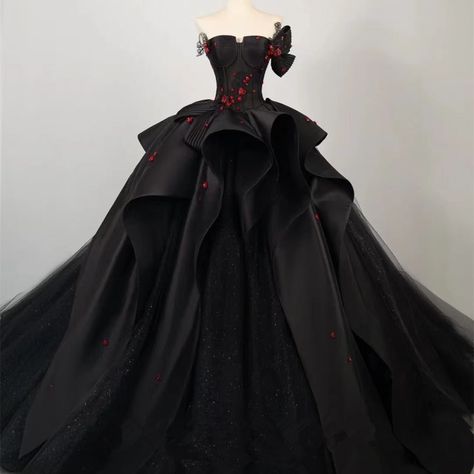 Regal Gothic Black Wedding Dress Ball Gown with Off-Shoulder Black and Red Floral Accents Plus Size - WonderlandByLilian Ball Gowns Vampire, Princess Black Wedding Dresses, A Black Wedding Dress, Red And Black Wedding Dress The Bride Gowns, Black Wedding Dress With Red Roses, Black And Burgundy Quince Dress, Black Wedding Dresses Strapless, Black And Red Gown Elegant, Black And White Wedding Dress Corset Victorian Ball Gowns