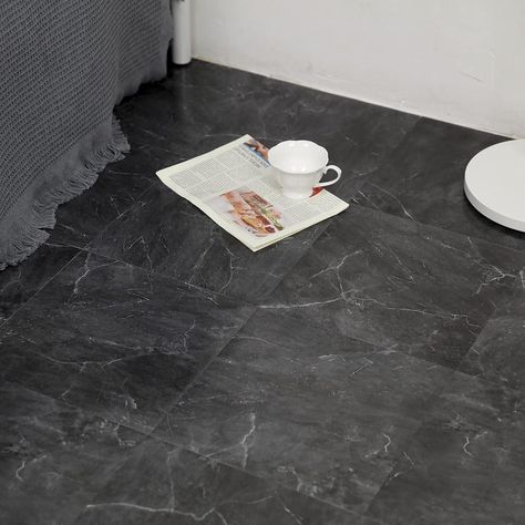 Black Marble Peel And Stick Tile, Floor Tile Black, Basement Toilet, Marble Vinyl Flooring, Update Bathroom, Peel And Stick Floor Tile, Kitchen Basement, Marble Vinyl, Peel And Stick Floor