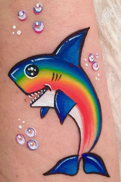 Rainbow Shark, Animal Face Paintings, Face Painting Tips, Cheek Art, Face Painting Tutorials, Arm Painting, Leg Painting, Face Painting Easy, Kids Face Paint