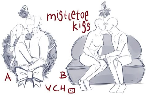 Couple Poses Drawing Reference Christmas, Holding Mistletoe Pose, Christmas Art Reference Poses, Christmas Poses Drawing, Couple Poses Drawing, Christmas Poses, Mistletoe Kiss, Drawing Body Poses, 8bit Art