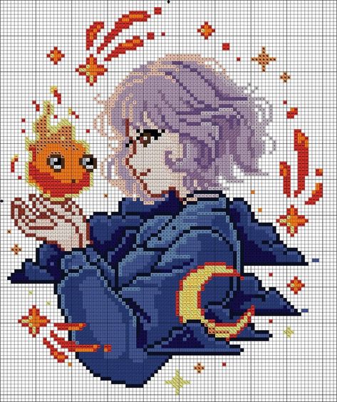 Cross Stitch Patterns Studio Ghibli, Howls Moving Castle Cross Stitch Pattern, Crochet Graph Patterns Anime, Cross Stitch Ghibli, Ghibli Perler Beads, Howls Moving Castle Cross Stitch, Pixel Art Ghibli, Ghibli Cross Stitch Pattern, Studio Ghibli Perler Beads