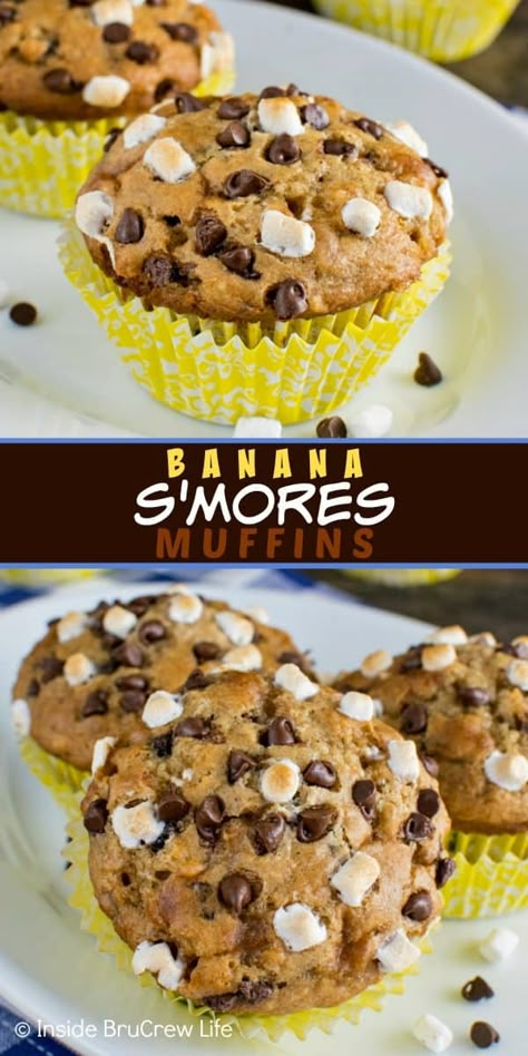 Breakfast Banana Muffins, Banana Smores, Easy Banana Muffins, Marshmallow Bits, Muffins Banana, Banana Muffins Easy, Breakfast Banana, Chocolate Marshmallows, Fudge Cake