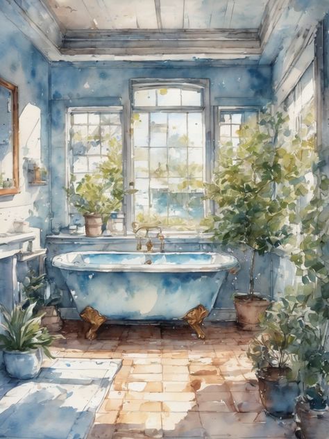 Cute vintage bathroom,light blue color scheme, AI art, Watercolor painting, landscape art Watercolor Art Bathroom, Watercolour Room Painting, Library Watercolor Painting, Interior Watercolor Painting, Watercolor Color Schemes, Watercolor Room Painting, Cozy Watercolor Painting, Bathroom Watercolor Art, Bathroom Light Blue