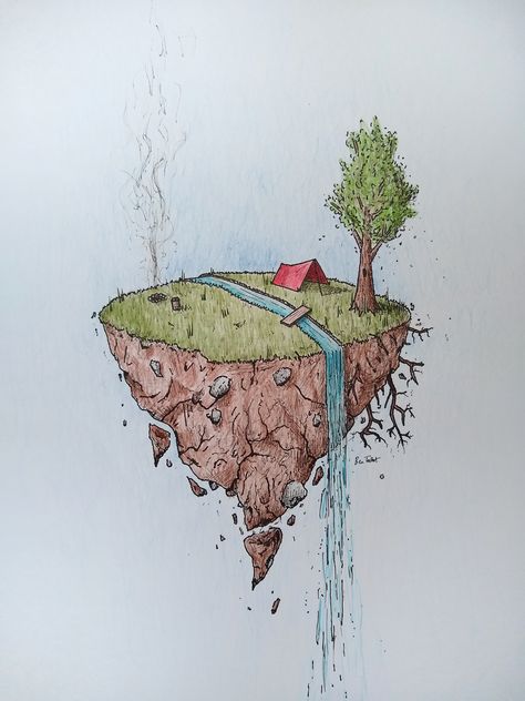 Surreal Pencil Art, Tiny World Drawing, Surrealism Colored Pencil, Floating Land, Fruit Fairy, Surrealism Drawing, Project School, Tiny Worlds, Pencil Artwork