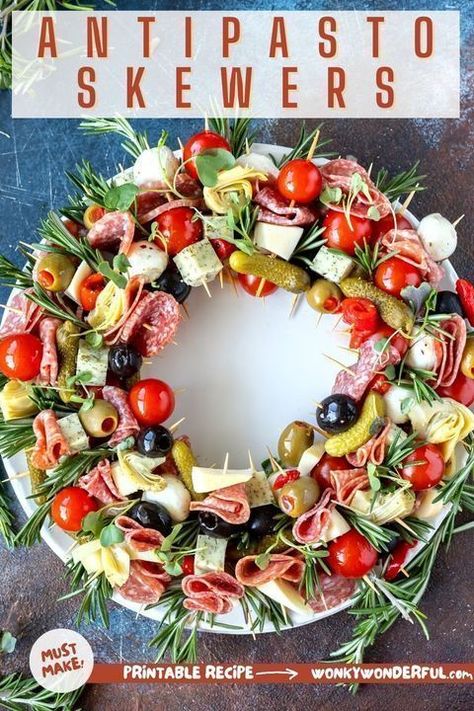 ANTIPASTO SKEWERS... - Easy Recipes with Julie Blanner Antipasta Skewer, Antipasto Wreath, Charcuterie Wreath, Charcuterie Party, Best Holiday Appetizers, Antipasto Skewers, Julie Blanner, Skewer Recipes, Party Trays