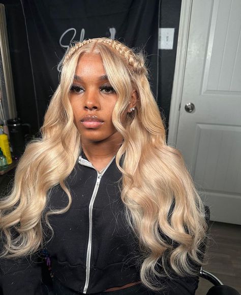 Blonde Hair Hairstyles Black Women, Fish Braid Hairstyles Wig, Honey Blonde Wig Styles, Wig Install With Bow, Styles For Wigs Black Women, Ash Blonde Wig Hairstyles, Blonde Lace Front Wigs Styles, Honey Blonde Wig Hairstyles, 613 Hairstyles For Black Women