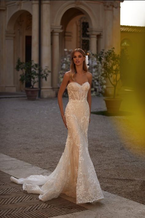 Sweetheart Neckline Bridal Gown, Mills Nova Wedding Dresses, Sweetheart Strapless Wedding Dress, Fitted Strapless Wedding Dress, Lace And Sparkle Wedding Dress, Nude Lace Wedding Dress, Strapless Fitted Wedding Dress, Mila Nova Wedding Dress, Strapless Sweetheart Wedding Dress