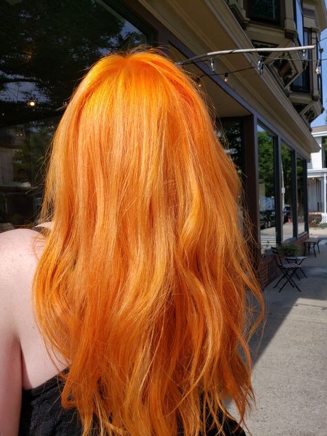 Sherbet Orange Hair, Soft Orange Hair Color, Yellow Orange Hair Color, Bright Orange Hair Aesthetic, Vibrant Orange Hair, Pale Orange Hair, Light Orange Hair Color, Orange Dyed Hair, Yellow Orange Hair