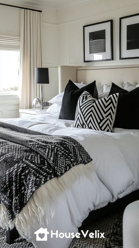 Graphic Throw Blankets Updated White And Black Bedroom Furniture, Fire Poppy, White And Black Bedroom, Black And White Bedroom Ideas, Throw Pillow Bedroom, Black And White Bedroom, White Bedroom Ideas, Black Accent Walls, Black Bed Frame