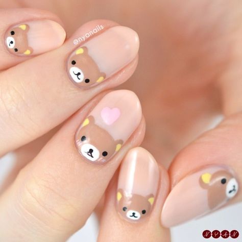 Rilakkuma Nails, Kawaii Nail Art, Animal Nail Art, Bears Nails, Anime Nails, Animal Nails, Cute Gel Nails, Soft Nails, Kawaii Nails