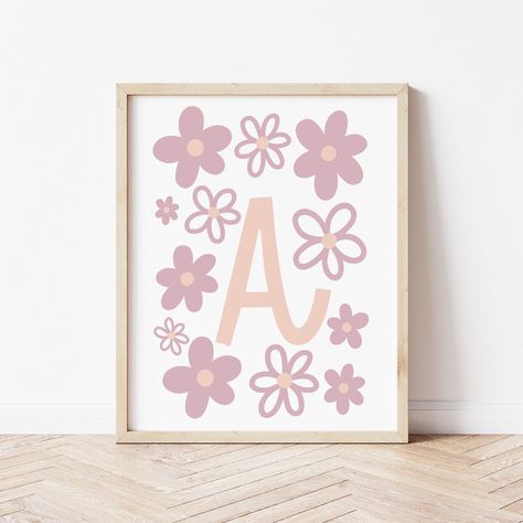 Poster Nursery, Floral Room, Initial Prints, Birth Details, Name Print, Children's Bedroom, Personalised Prints, Dusky Pink, Pink Daisy