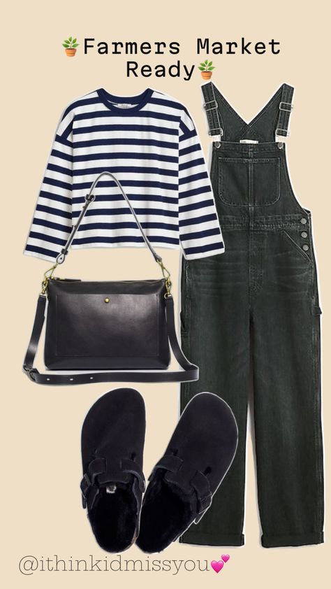 Oversized Carpenter Overalls, Striped T-shirt, Birkenstocks, and Crossbody Bag Carpenter Overalls, Striped T Shirt, Farmers Market, Birkenstock, Overalls, Crossbody Bag, Marketing, T Shirt