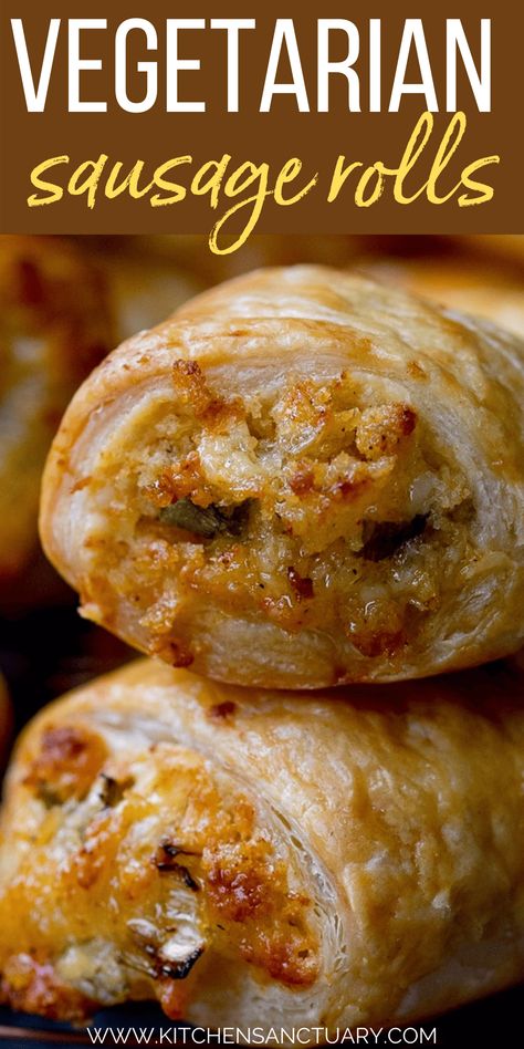 These Vegetarian Sausage Rolls are a simple cheesy pastry treat for vegetarians and meat-eaters alike. Perfect for any party table. #vegetarian #vegetariansausageroll #vegetarianpartyfood #vegetarianappetizer #puffpastry Vegetarian Sausage Rolls, Vegetarian Party Food, Panini Grill, Sausage Rolls Recipe, Vegetarian Sausages, Veggie Sausage, Sausage Roll, Savory Pastry, Vegetarian Appetizers