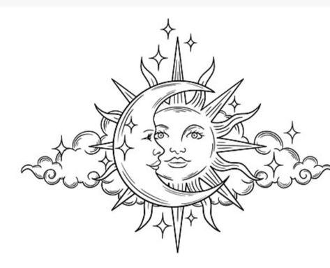 Aesthetic Sun And Moon Sketch, Crescent Moon And Sun Tattoo Design, Sun Outline Drawing, Celestial Drawing Ideas, Sun Cloud Tattoo, Sun And Moon Stencil, Mam Tattoo, Floral Sun Tattoo, Sun And Moon Tattoo Stencil