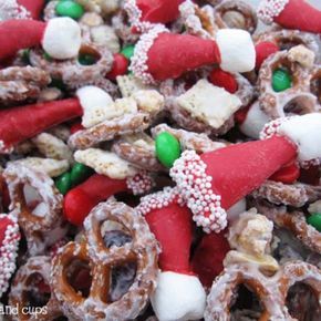 Santa Hat Party Mix. A yummy snack mix, with candy coated Bugles, dressed to look like Santa Hats! Party Mix Recipe, Santa Snacks, Easy Holiday Desserts, Hat Party, Holiday Snacks, Party Mix, Chex Mix, Christmas Snacks, Christmas Goodies