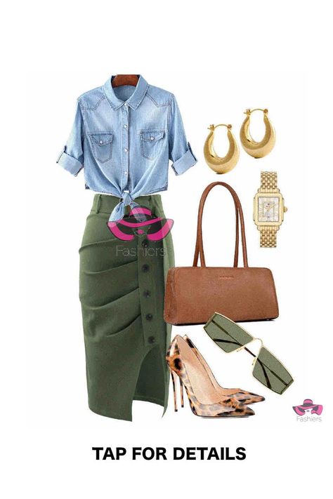 Denim shirt outfit styled with olive green midi skirt animal print pumps and brown tote bag! Create your style with Fashiers app! Available on App Store and Google Play!  #stylecollective #stylingtips #outfitposts #fashionover30 #stylishlook Green Midi Skirt Outfit, Olive Green Midi Skirt, Green Skirt Outfits, Denim Shirt Outfit, Olive Green Skirt, Green Midi Skirt, Olive Green Shirt, Interesting Outfits, Midi Skirt Outfit