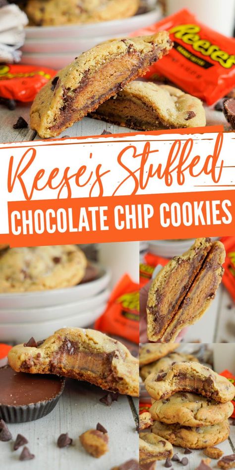 Reese's Stuffed Chocolate Chip Cookies! Amazing Peanut Butter Chocolate Chip Cookies stuffed with Reese's Cups and baked to perfection! The perfect stuffed cookie recipe with peanut butter and chocolate in one! #lemonpeony #peanutbuttercups #reesescups #chocolatechipstuffedcookies Peanut Butter Chocolate Chip Cookies Recipe, Recipe With Peanut Butter, Stuffed Chocolate Chip Cookies, Cookies Stuffed, Stuffed Cookies, Peanut Butter Cup Cookies, Ultimate Cookies, Chocolate Chip Cookies Recipe, Peanut Recipes