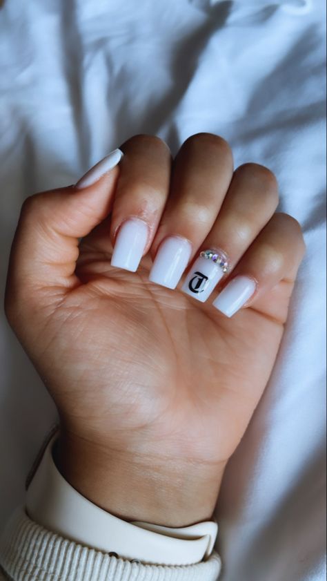 Letter C and Rhinestones On Milky White Nails Nails With The Letter C On Them, Milky White Nails, Design With Letters, Letter L, Letter G, Halloween Food For Party, Letter C, Halloween Food, Letter E