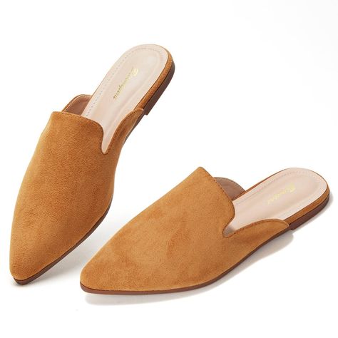 PRICES MAY VARY. Material：Smooth suede and soft PU, two types material for you to choose from. Super comfort extra cushion layer allow you to walk with no pressure, soft rubber sole with non-slip texture makes walikng safe. Pointed Toe Design:Pointed toe mules flats not only elongate your legs, make you looks nice , but also offers you a unique charm with stylish simplicity. Modern Style with Comfort:This slip-on mule shoes is designed for easy on and off,but also combined with the fashion style Brown Mules, Mule Shoes, Women Flats, Womens Mules, Slip And Slide, Slip On Mules, Womens Ballet Flats, Leather Mules, Tan Suede