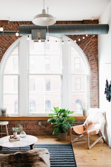 Dreamy window! #THEOUTNET #Interiors Minneapolis Apartment, Ideas Hogar, Exposed Brick Walls, Loft Living, Deco Boheme, Design Del Prodotto, Decoration Inspiration, A Living Room, Scandinavian Home