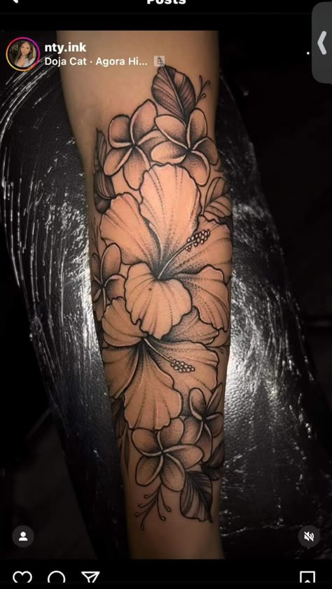 Lotus Flower Tattoo With Vines, Hibiscus Flower Leg Tattoo, Hibiscus Arm Tattoos For Women, Hibiscus Flower Arm Tattoo, Arm Tattoos Feminine, Flower Tattoos For Women Sleeve, Hibiscus Flower With Butterfly Tattoo, Hibiscus Tattoos For Women, Carribean Tattoo For Women