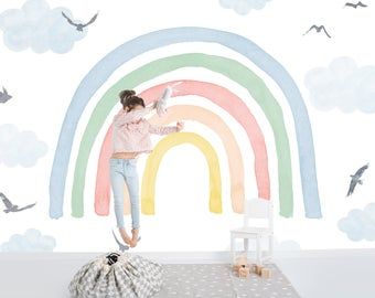 A range of electric and elegant wallpaper designs by KIINOO Girl Bedroom Designs Teenagers, Playroom Paint, Watercolor Rainbow Wall, Nursery Paint, Mural Colorful, Rainbow Wall Mural, Painted Mural, Rainbow Decal, Diy Girls Bedroom