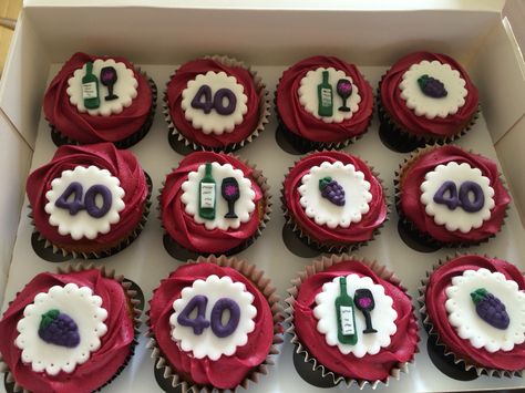 40th Birthday Wine themed cupcakes Alcohol Theme Cupcakes, Wine Bottle Cupcakes, Wine Cupcakes Decoration, Wine Theme Cupcakes, Wine Cake Ideas Birthday, 40th Birthday Cupcakes Women, Wine Theme Cakes, Birthday Cake Wine, Fondant Designs